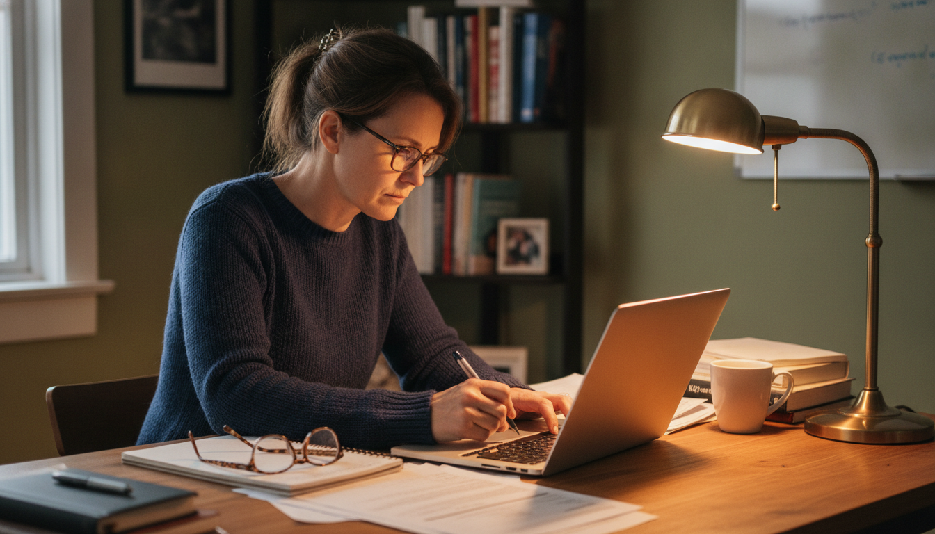 A florist sitting at a laptop in the back of her shop with a folder of documents open beside her