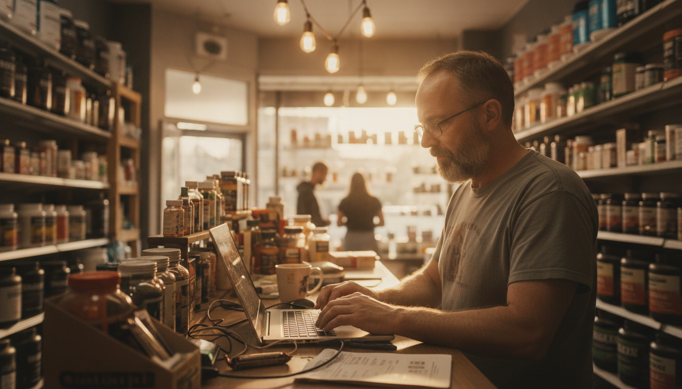 A supplement shop owner reading forum threads on a laptop behind the counter