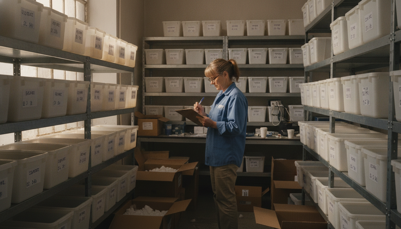 A lab supply shop owner checking sealed vial orders against a packing list at a shipping bench