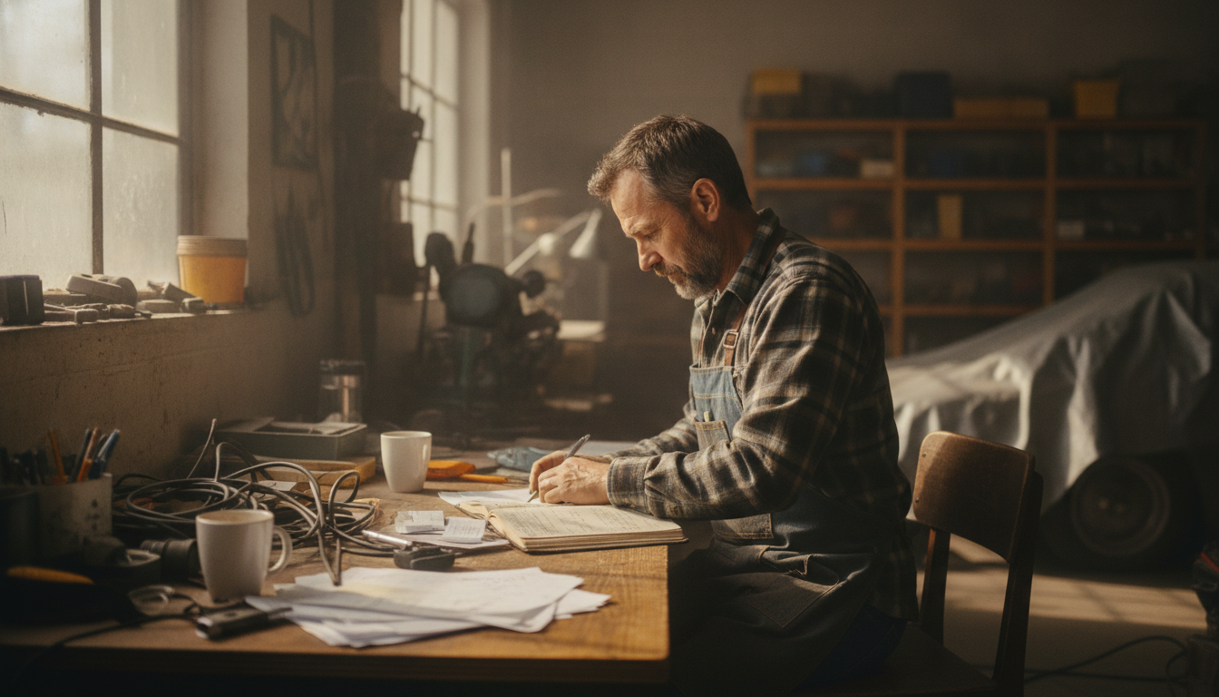 A workshop owner at a cluttered desk going through paperwork before opening