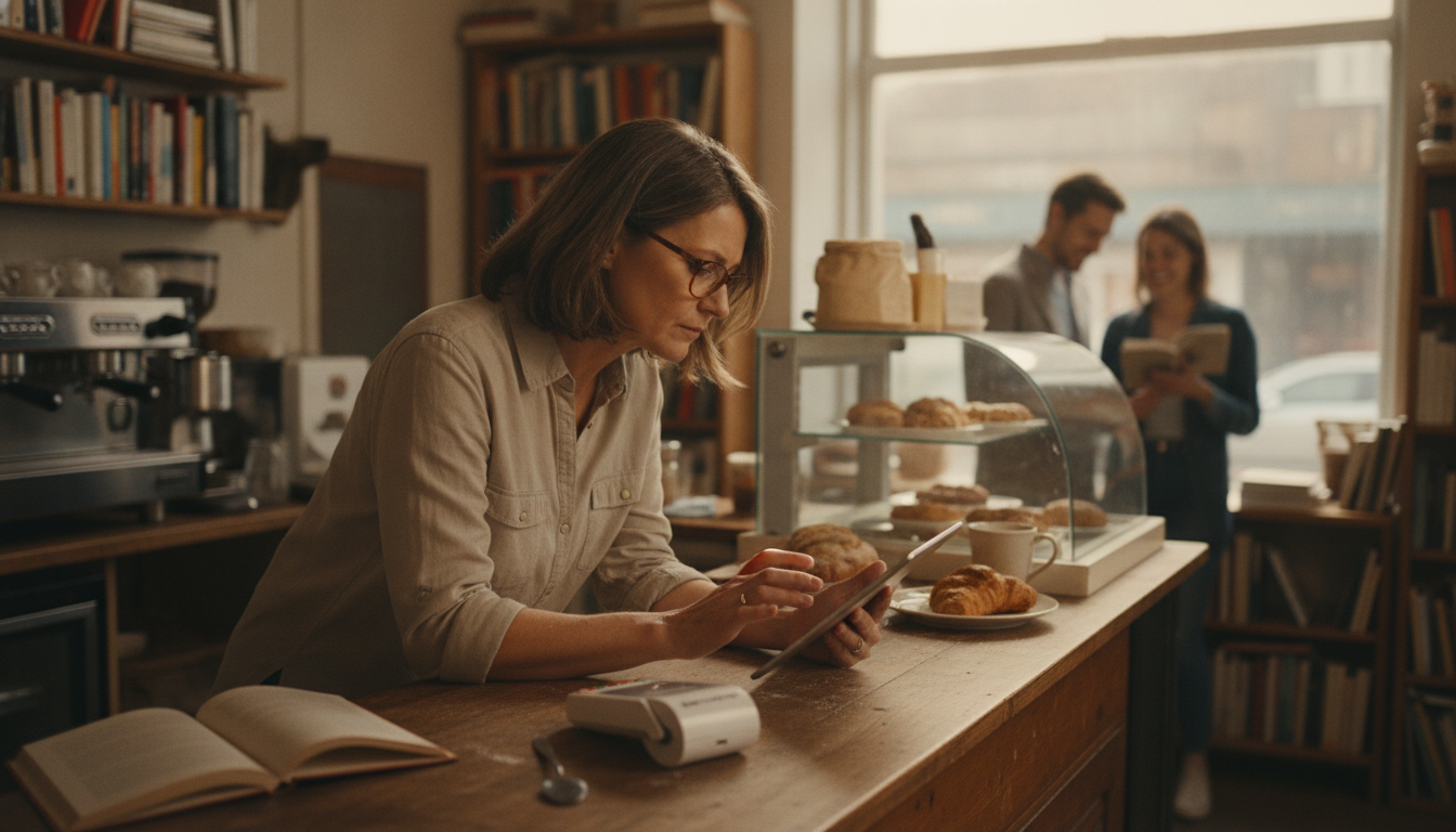 A shop owner at the counter checking an order on a tablet next to a card reader