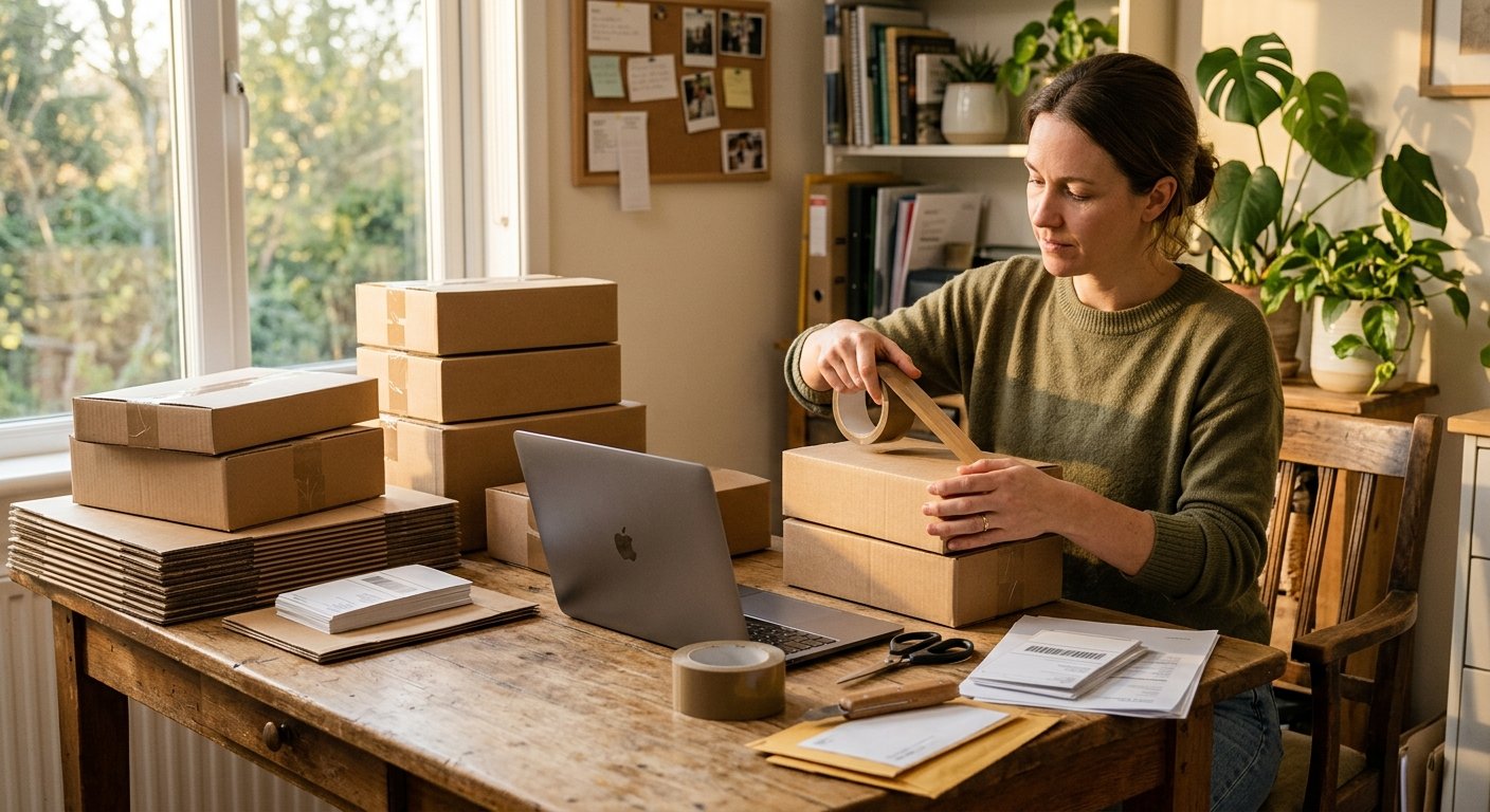 Stacked cardboard mailers, packing tape, and a closed laptop on a kitchen table in late afternoon light