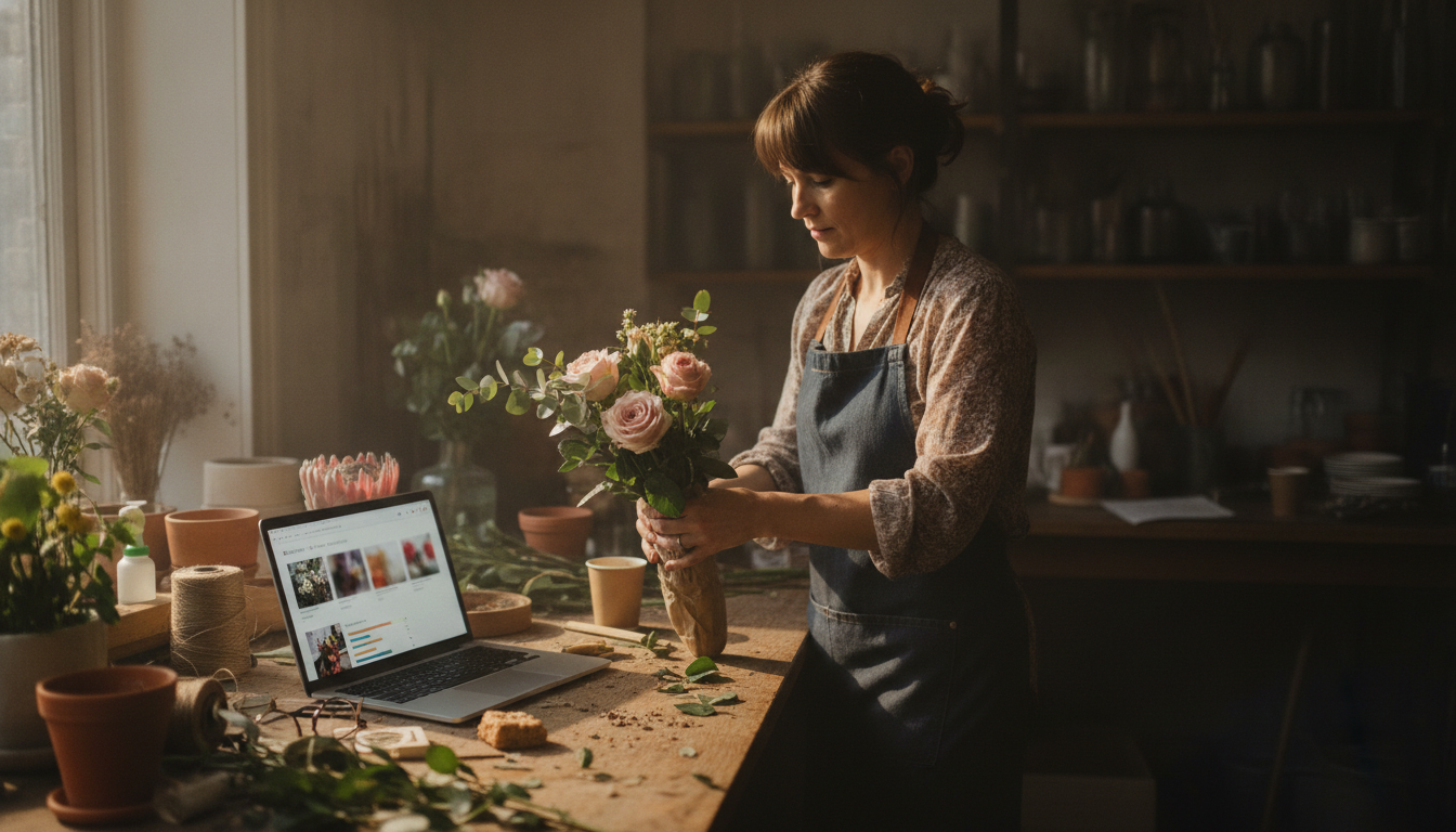 A florist packing an order beside a laptop showing an online store dashboard