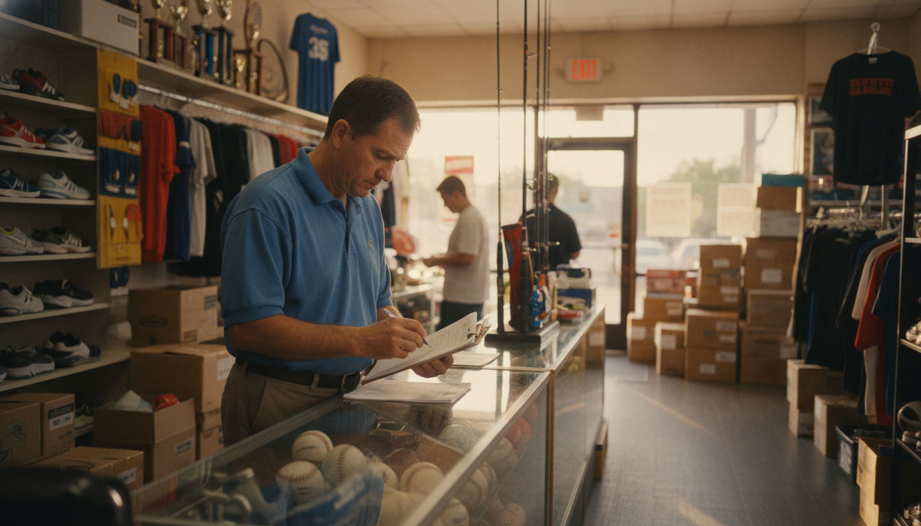 A dealer at a gun shop workbench logging inventory in a ledger with racks behind him