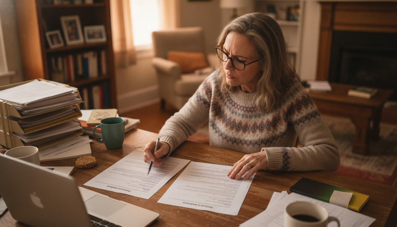 A small business owner comparing two printed provider agreements side by side at a kitchen table