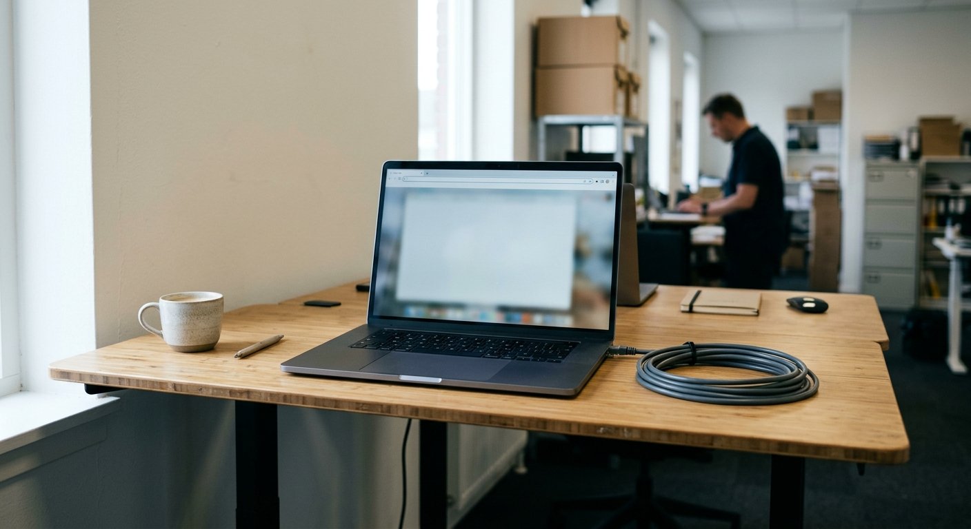 Laptop on a standing desk with a blurred empty browser window and a coiled ethernet cable