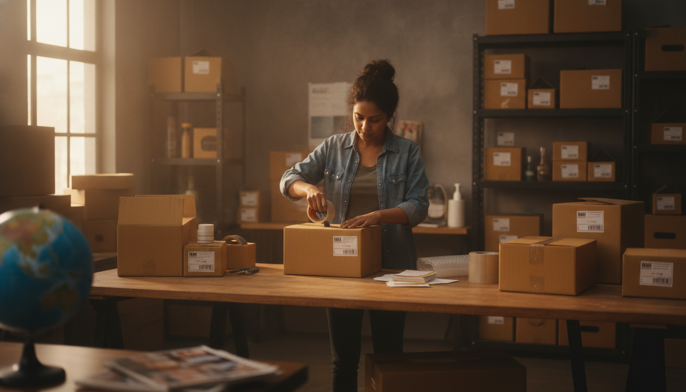 An ecommerce business owner packing international orders in a small warehouse