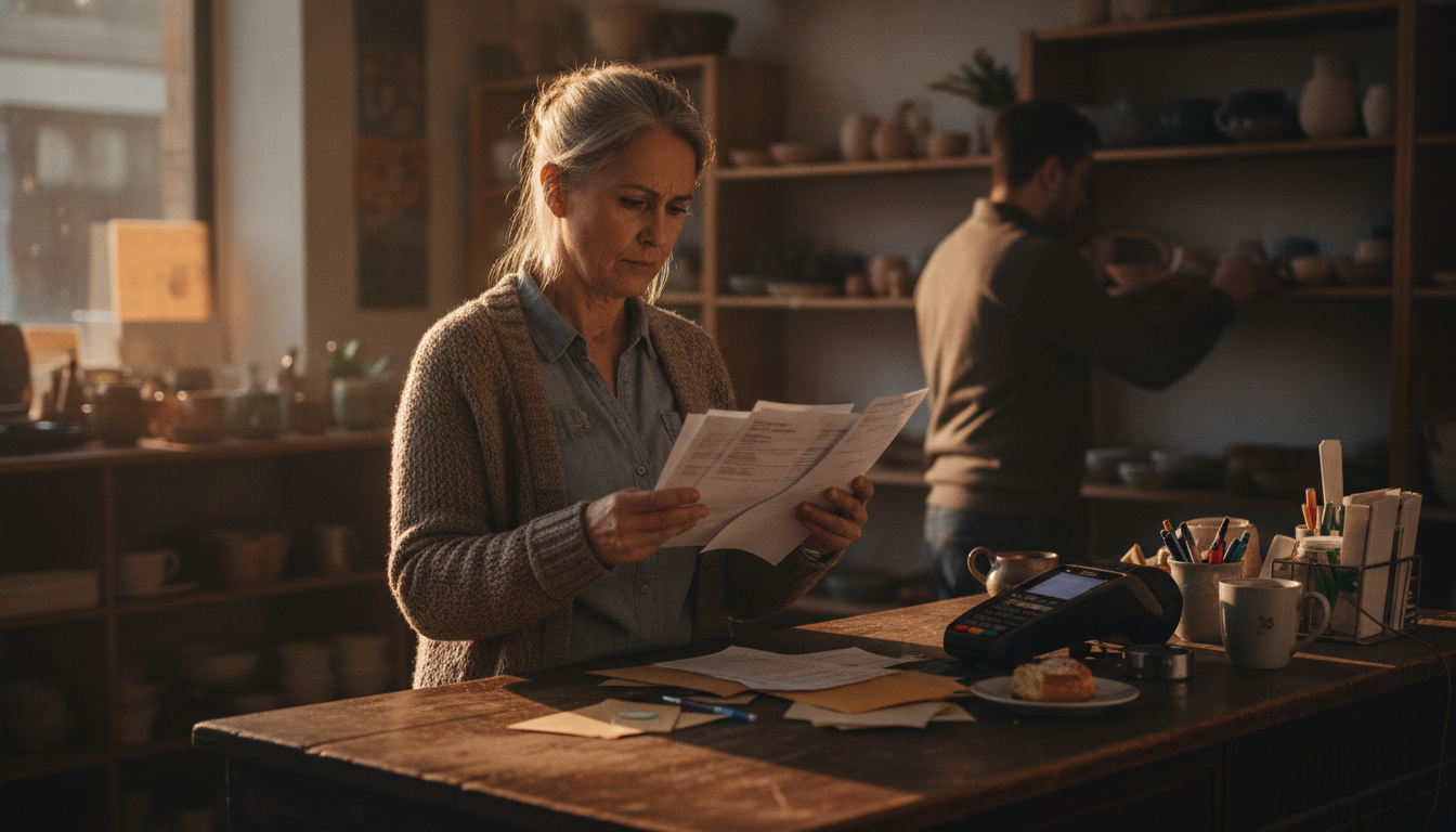 A small business owner standing behind a shop counter reviewing paperwork beside a card terminal