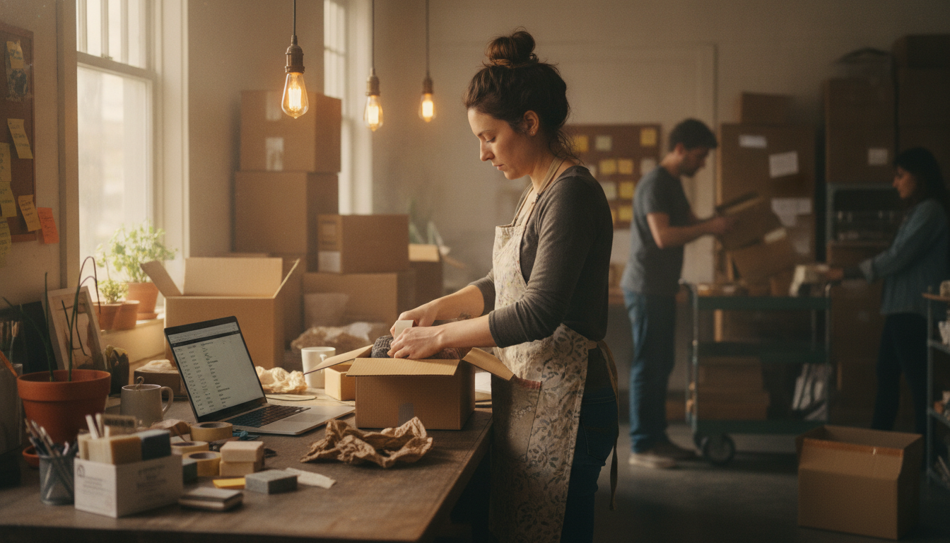 An online seller boxing orders at a packing bench with a laptop open beside her