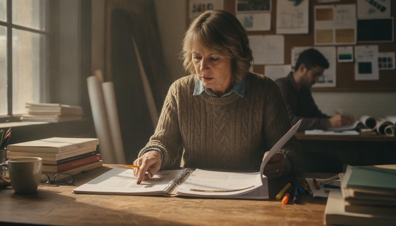 A workshop owner on a stool going through a folder of bank statements next to a laptop
