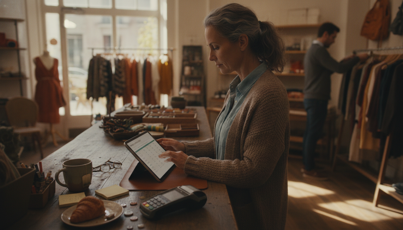 A boutique owner checking a monthly sales report at a shop counter beside a card reader