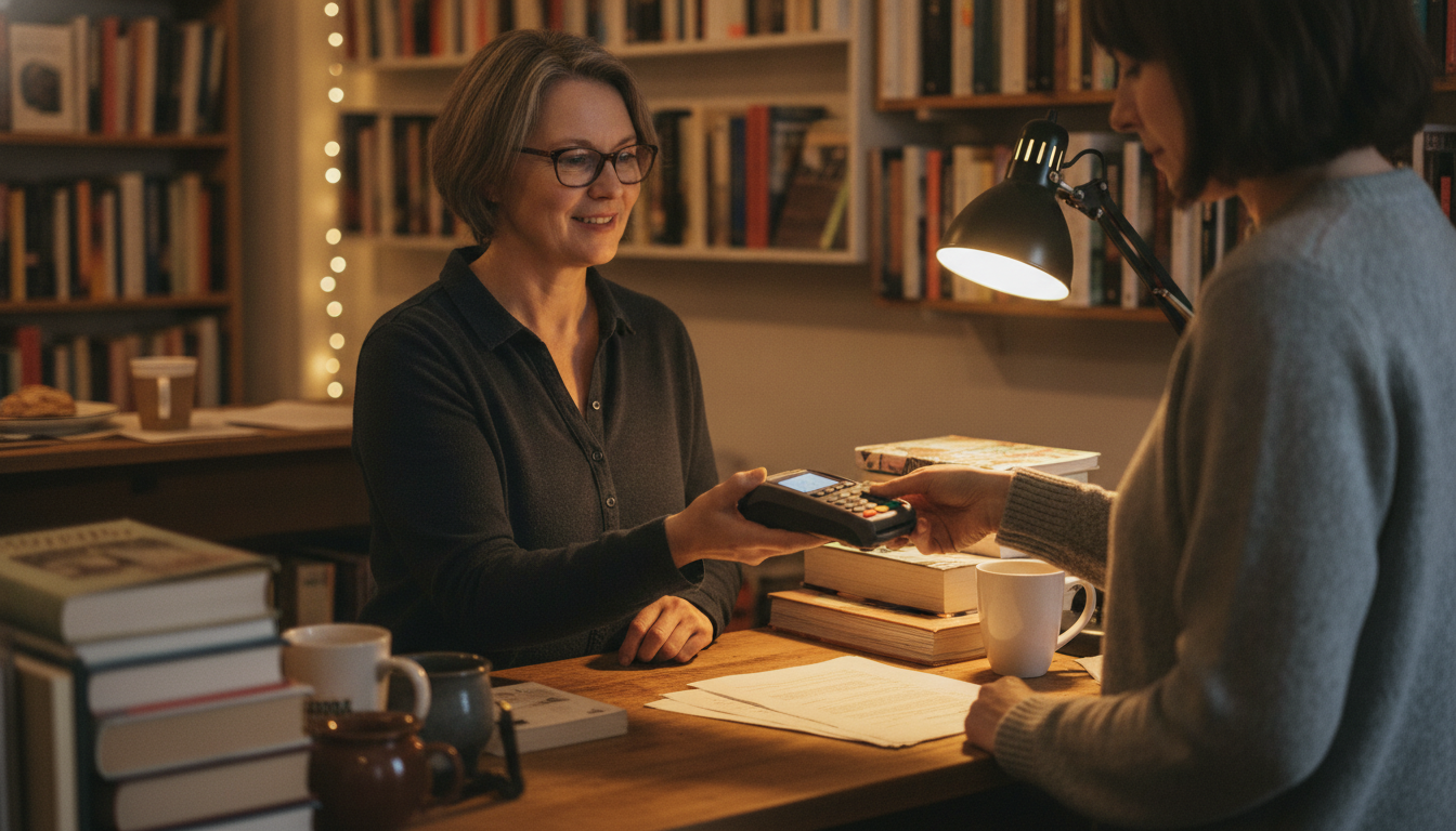 A shop owner running a customer card payment at the counter of a small storefront