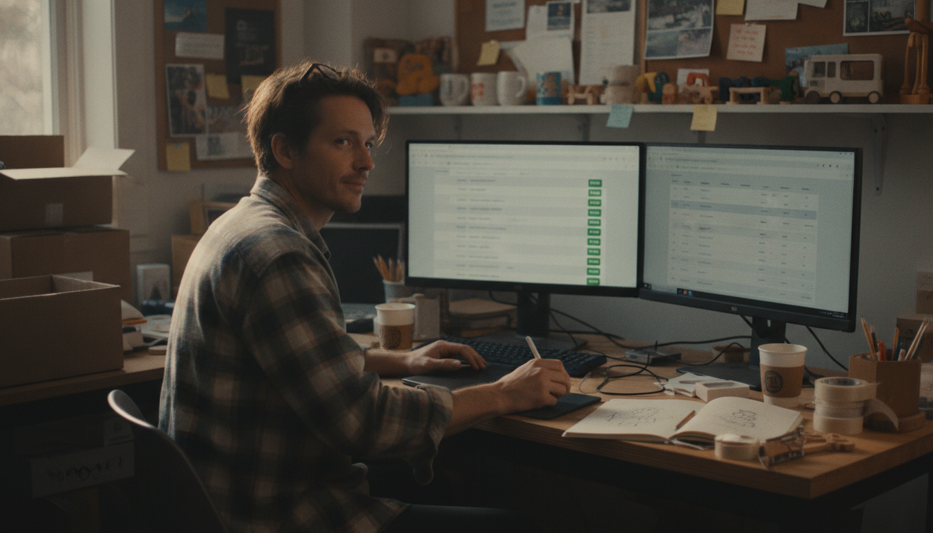 An online store owner checking order and payment screens at a small studio workspace