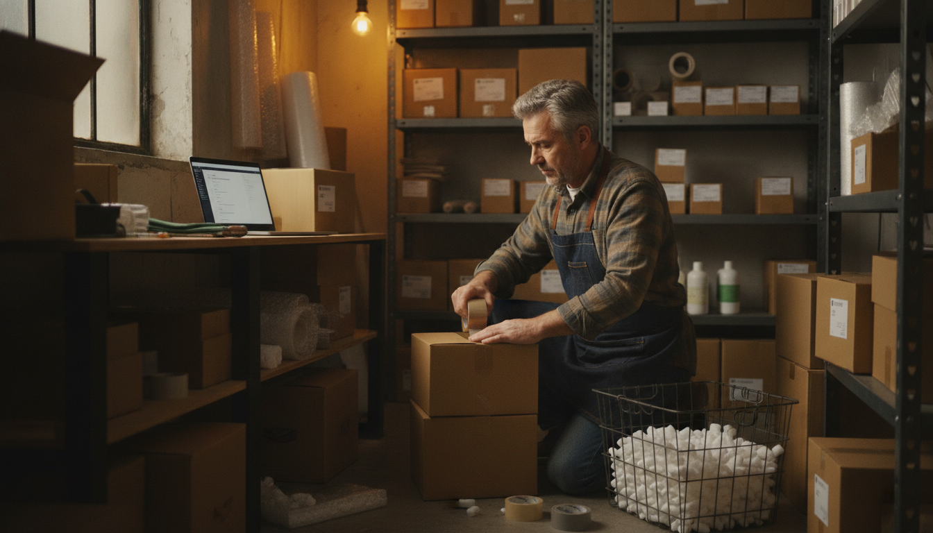 A store owner packing an order in a stockroom with a laptop open on a shelf beside the boxes