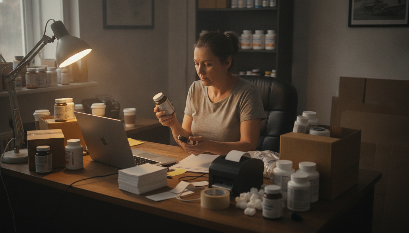 A supplement shop owner packing orders at a back-room desk with a laptop and shipping labels