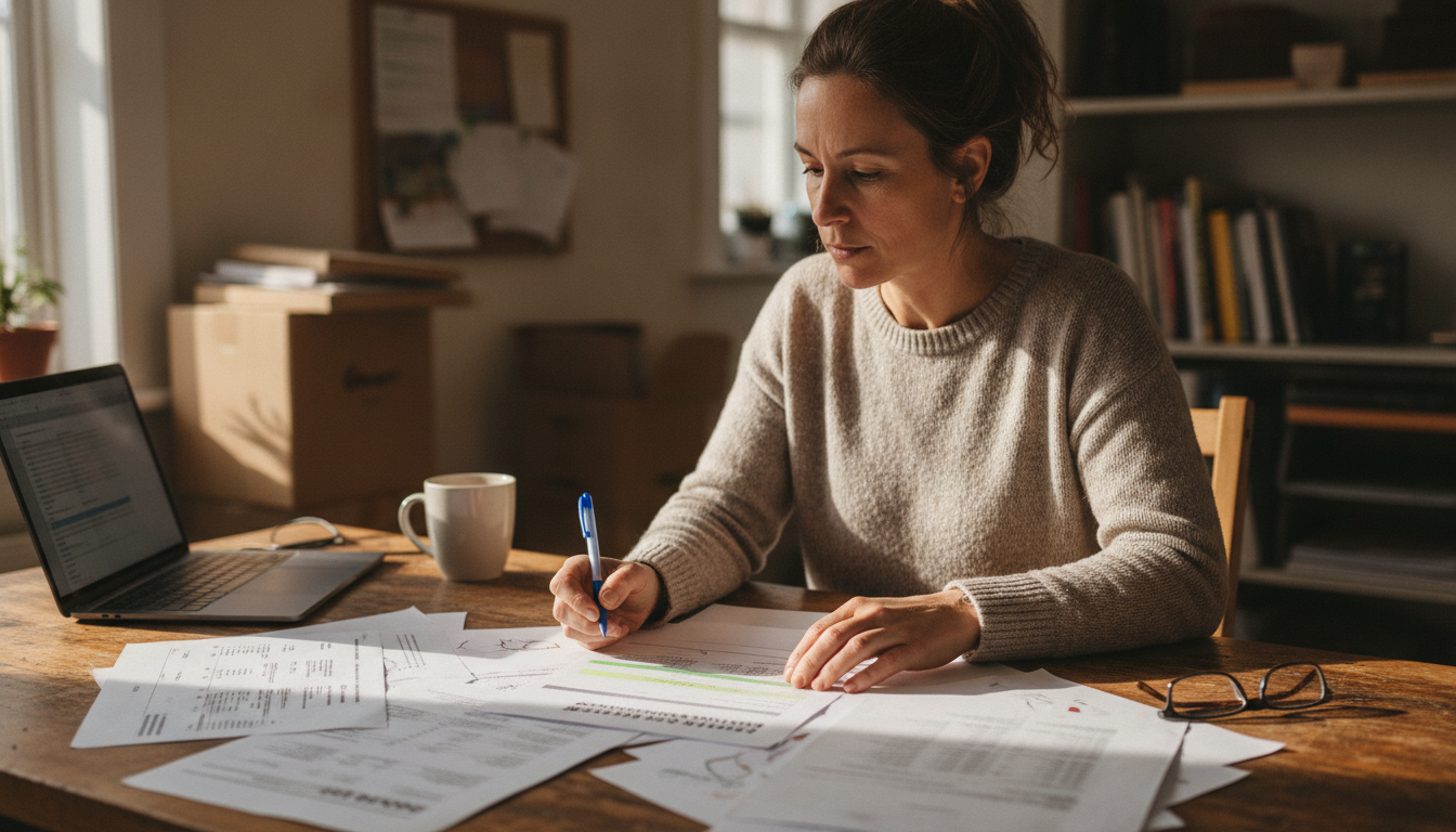A business owner at a kitchen table with printed provider quotes spread out and a pen in hand