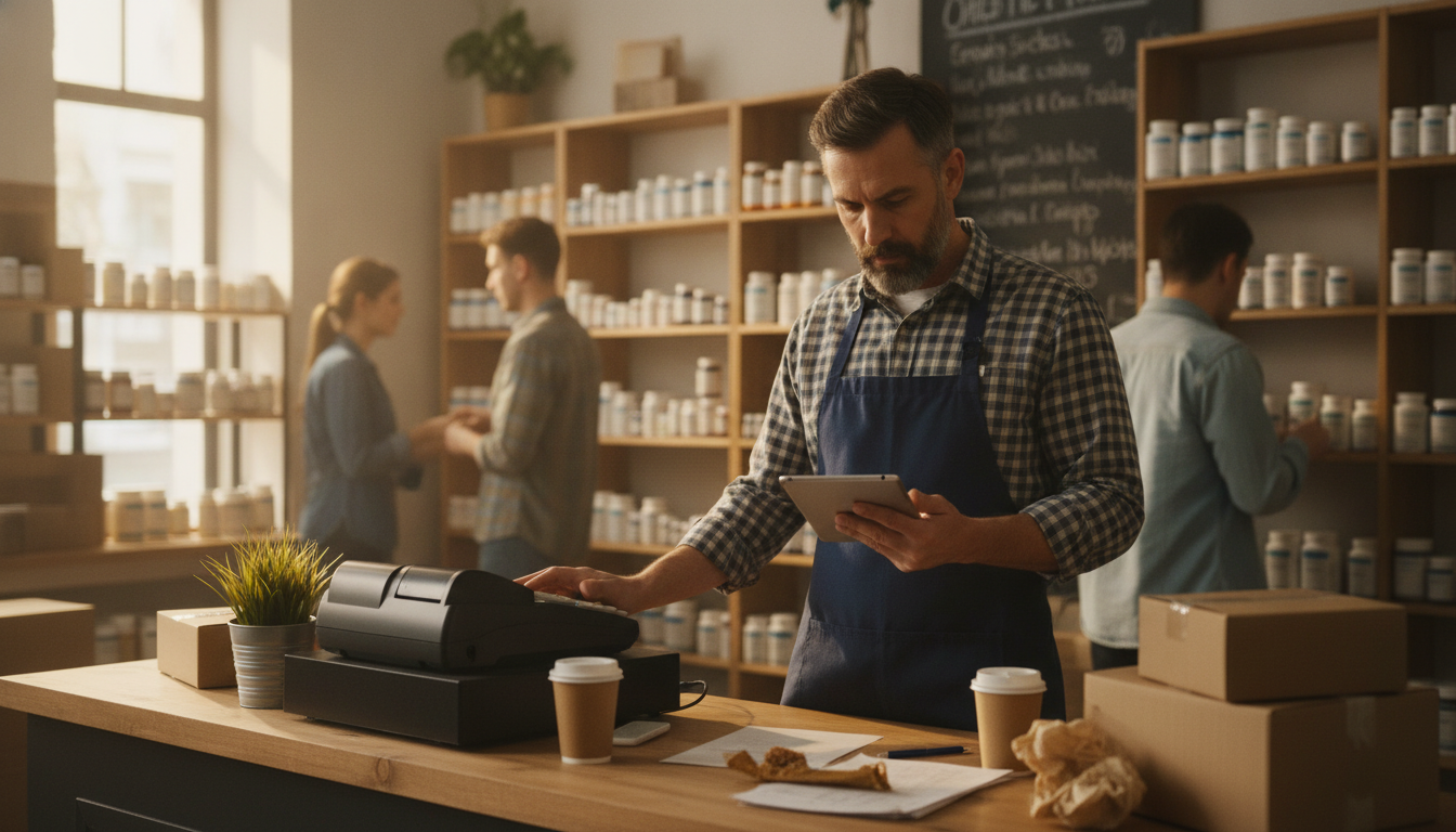 A supplement shop owner checking stock on a tablet beside the till