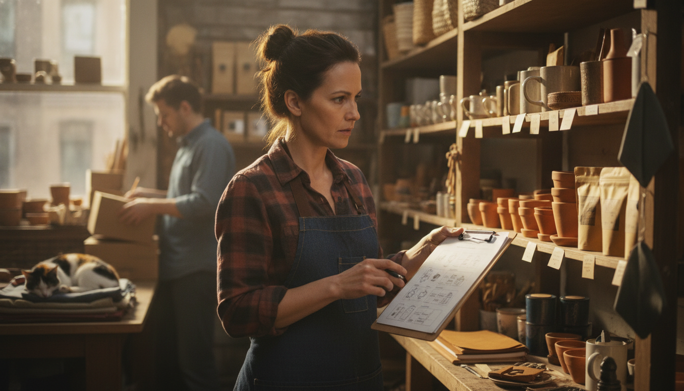 A florist standing at her shop counter with a laptop open beside a card terminal