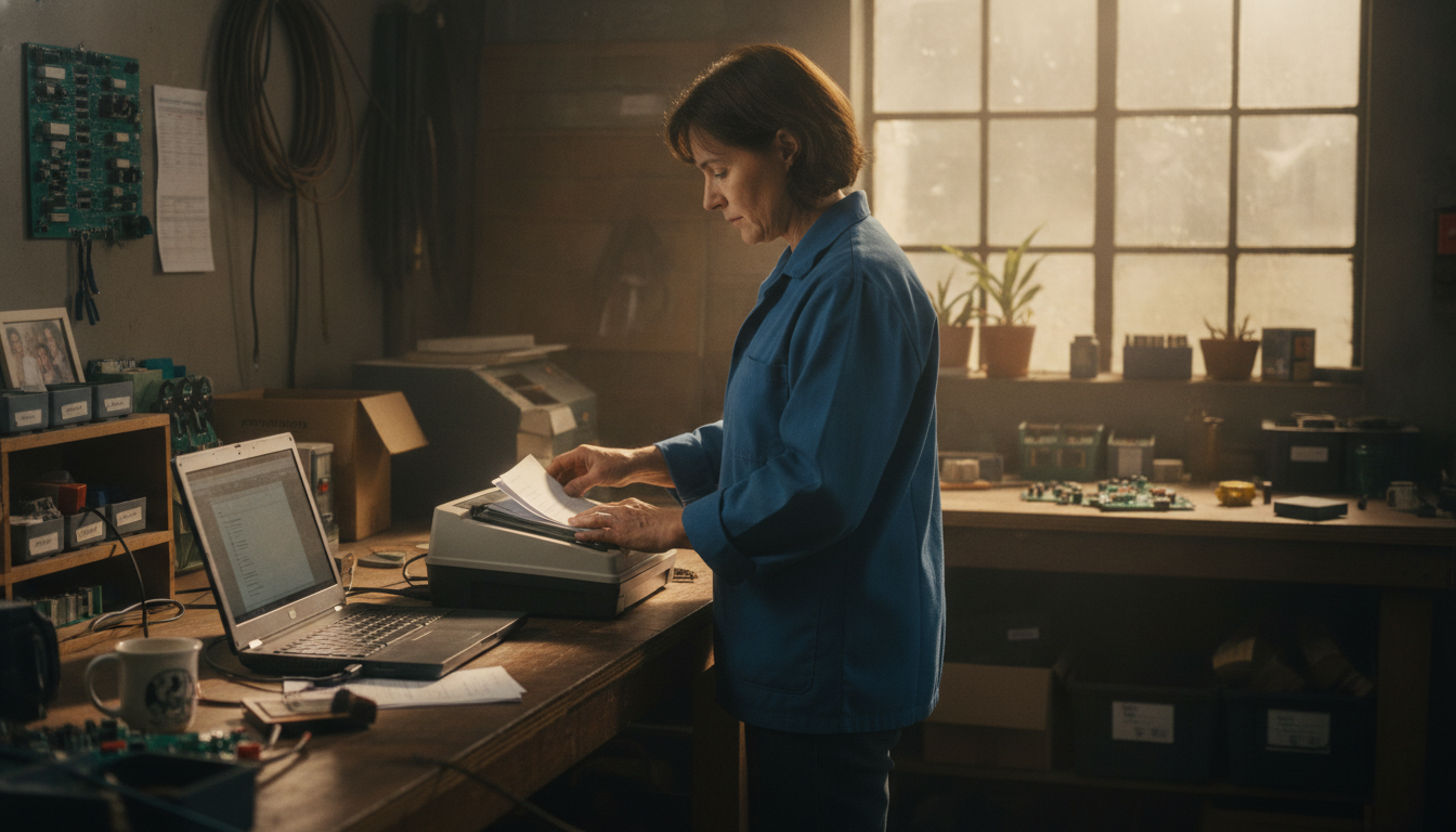 A small manufacturer at a standing desk scanning business documents into a laptop
