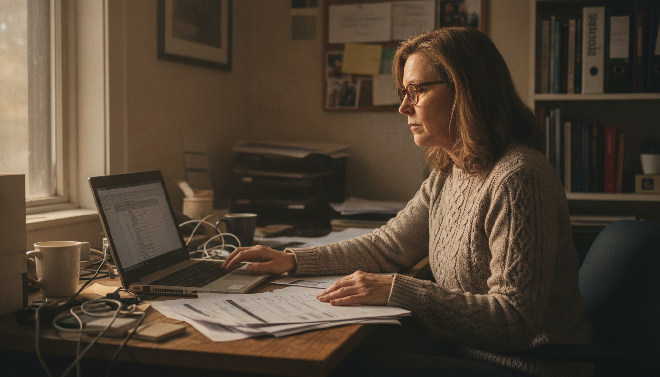 A restaurant owner at a back office desk going through a processing statement with a calculator