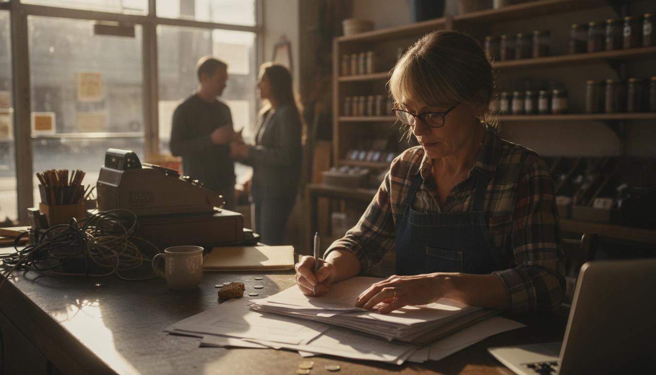 A shop owner at the counter going through a stack of processing statements with a pen