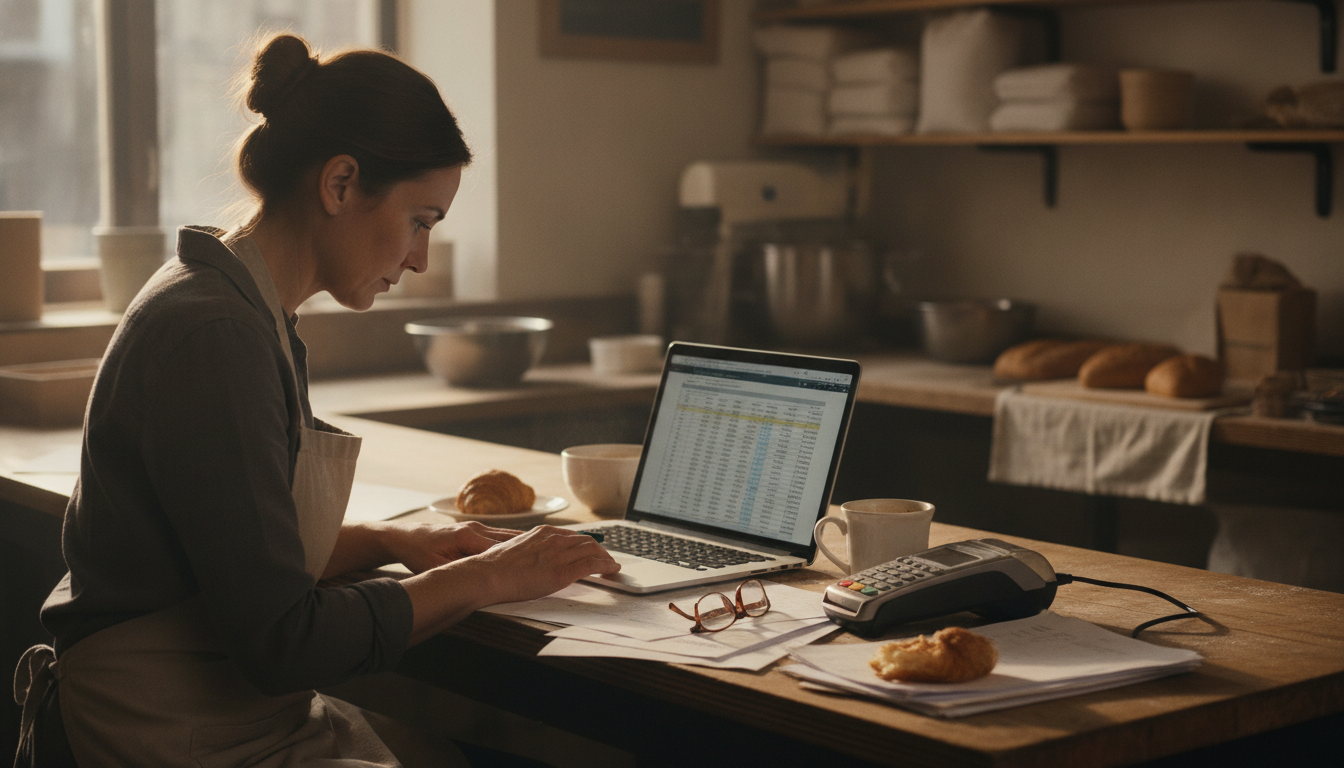 A bakery owner in an apron filling out paperwork on a laptop beside an unplugged card reader