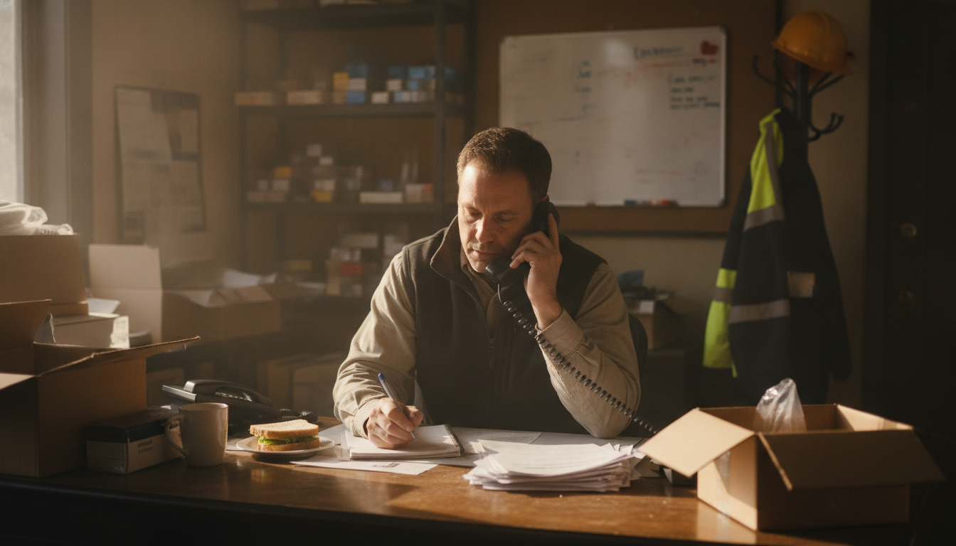 A shop owner on the phone at a back office desk with paperwork spread out