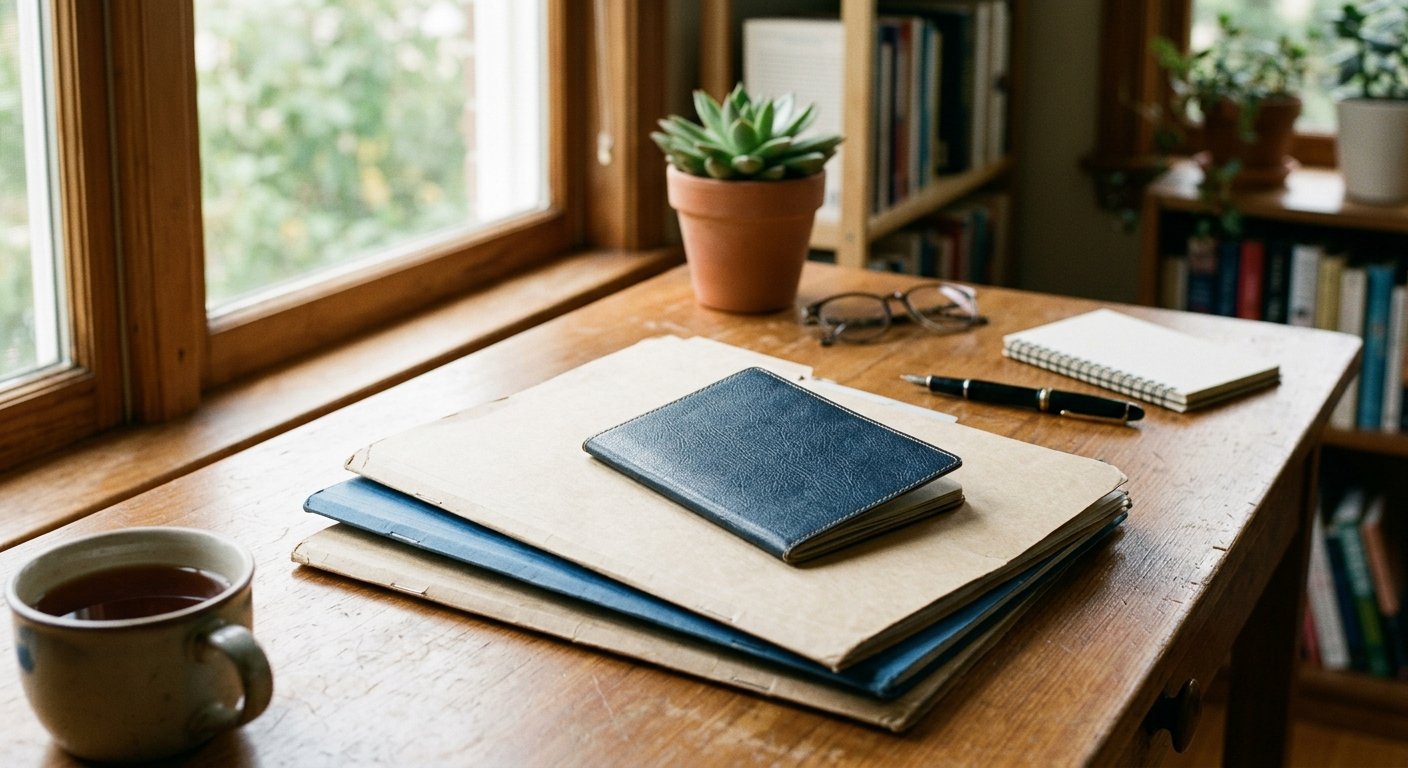 Closed passport on unlabeled folders on a sunlit home office desk