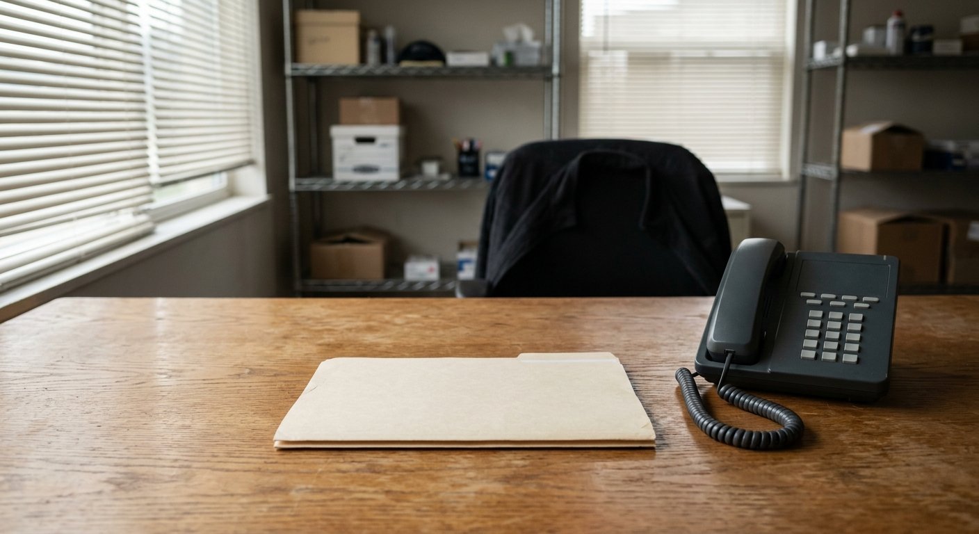 Closed unlabeled manila folder on a wood desk beside a landline phone