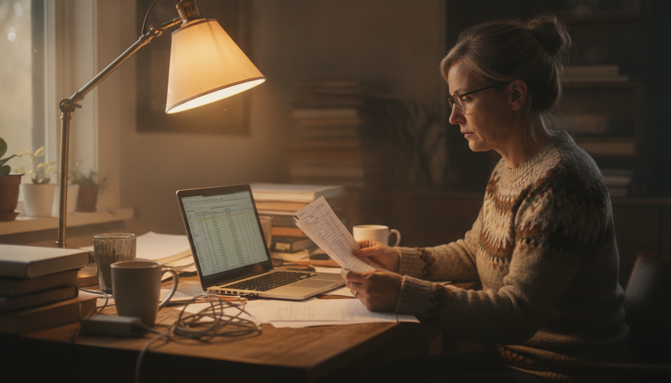 A seller reviewing a PayPal pending balance on a laptop at a cluttered desk