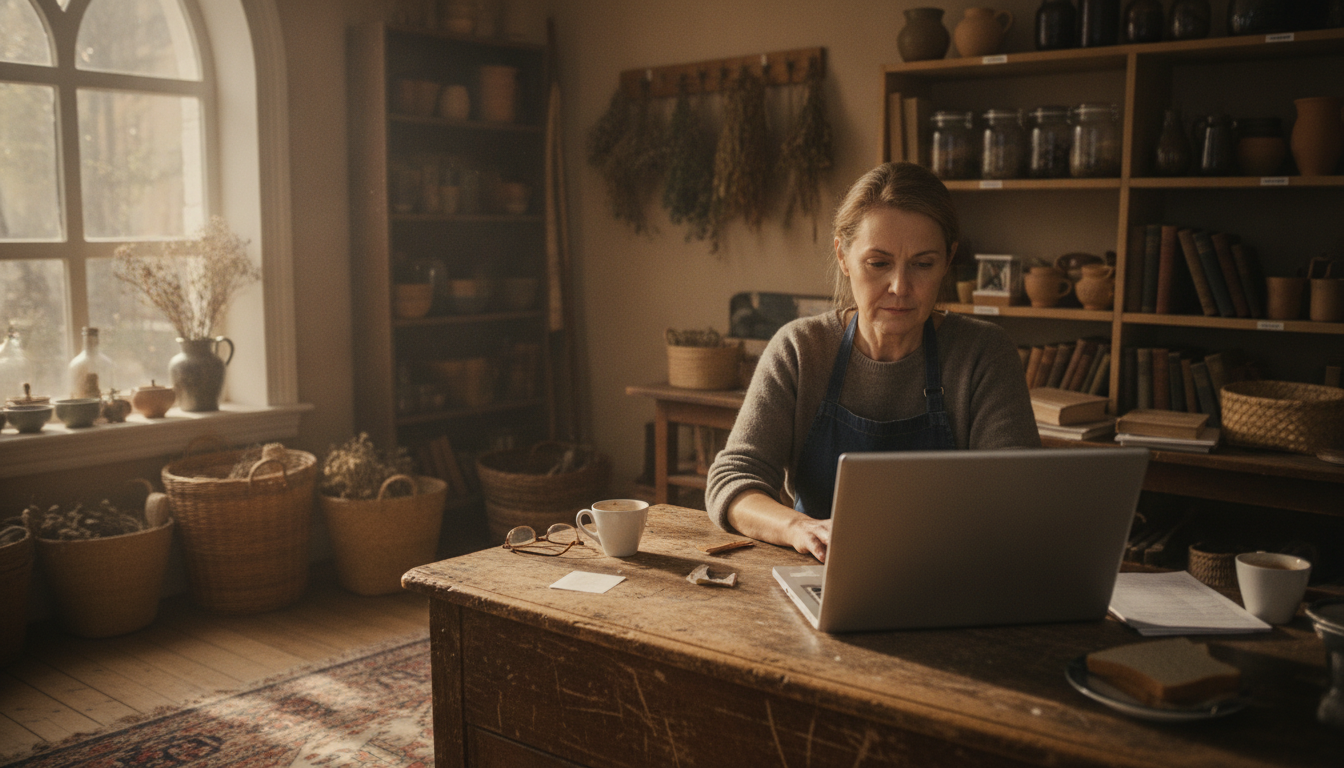 A shop owner at a counter reading a Square deactivation email on a laptop