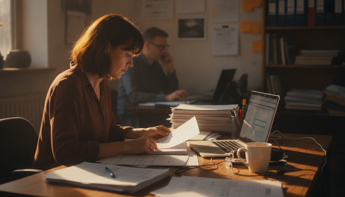 A small print shop owner at a laptop comparing two processing offers side by side