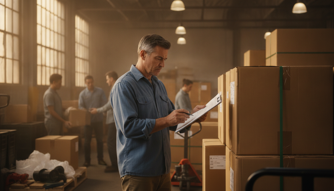 A business owner in a warehouse checking export paperwork against a shipment of boxed goods
