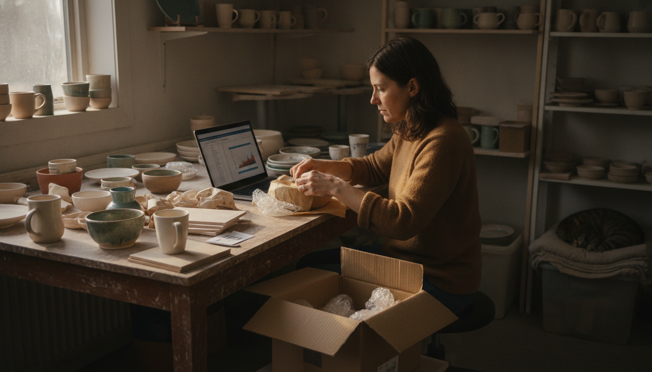 A ceramics seller packing an order while checking her account balance on a laptop