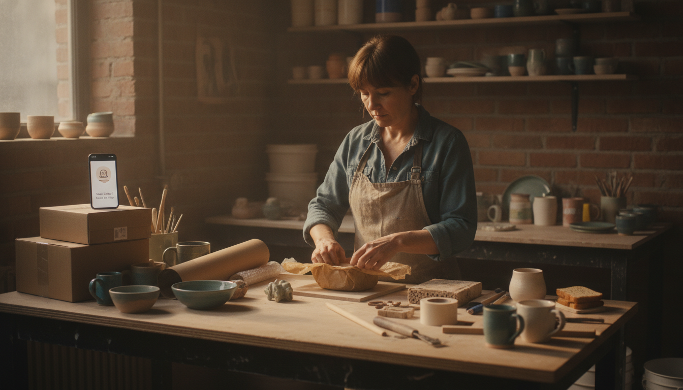 A ceramics maker packing an online order at a workbench in a small studio