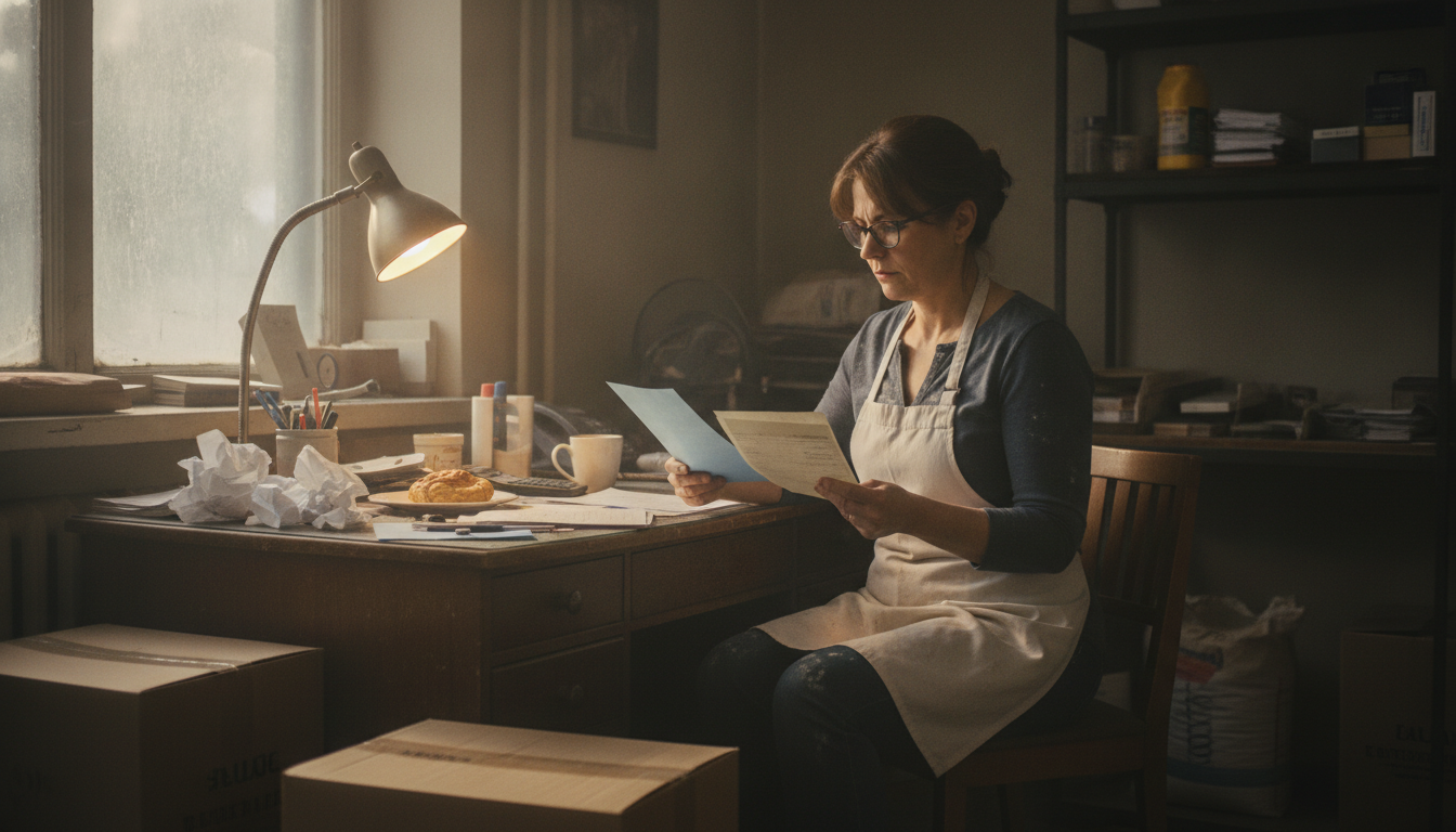 A bakery owner at a back office desk comparing paperwork from two payment providers