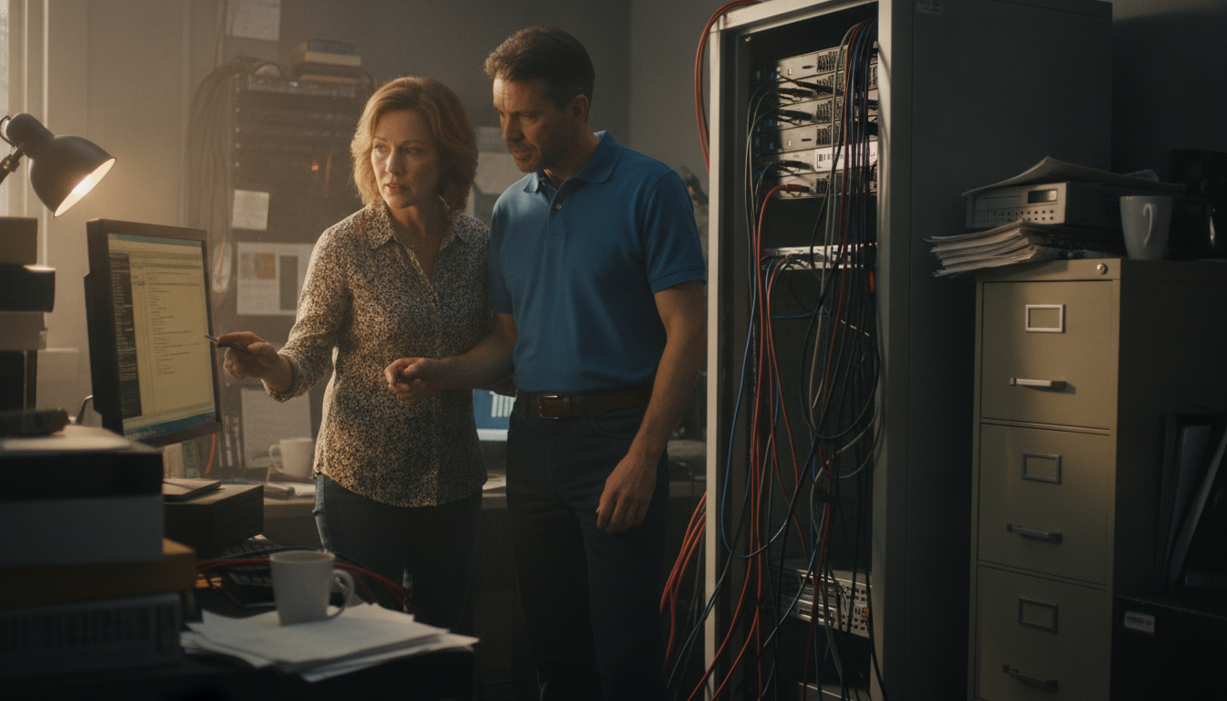 An IT worker and a business owner reviewing a compliance checklist on a screen together