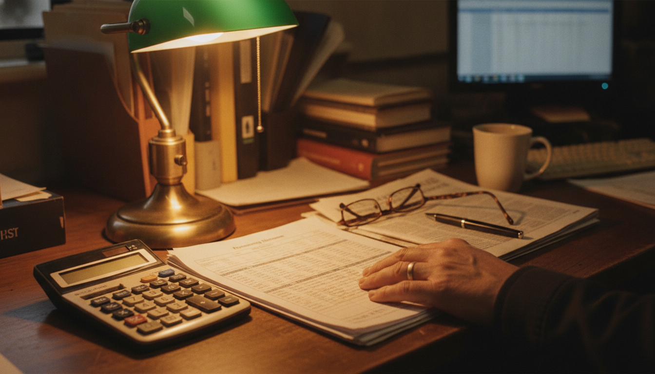 A close view of a processing statement on a desk with a calculator and reading glasses