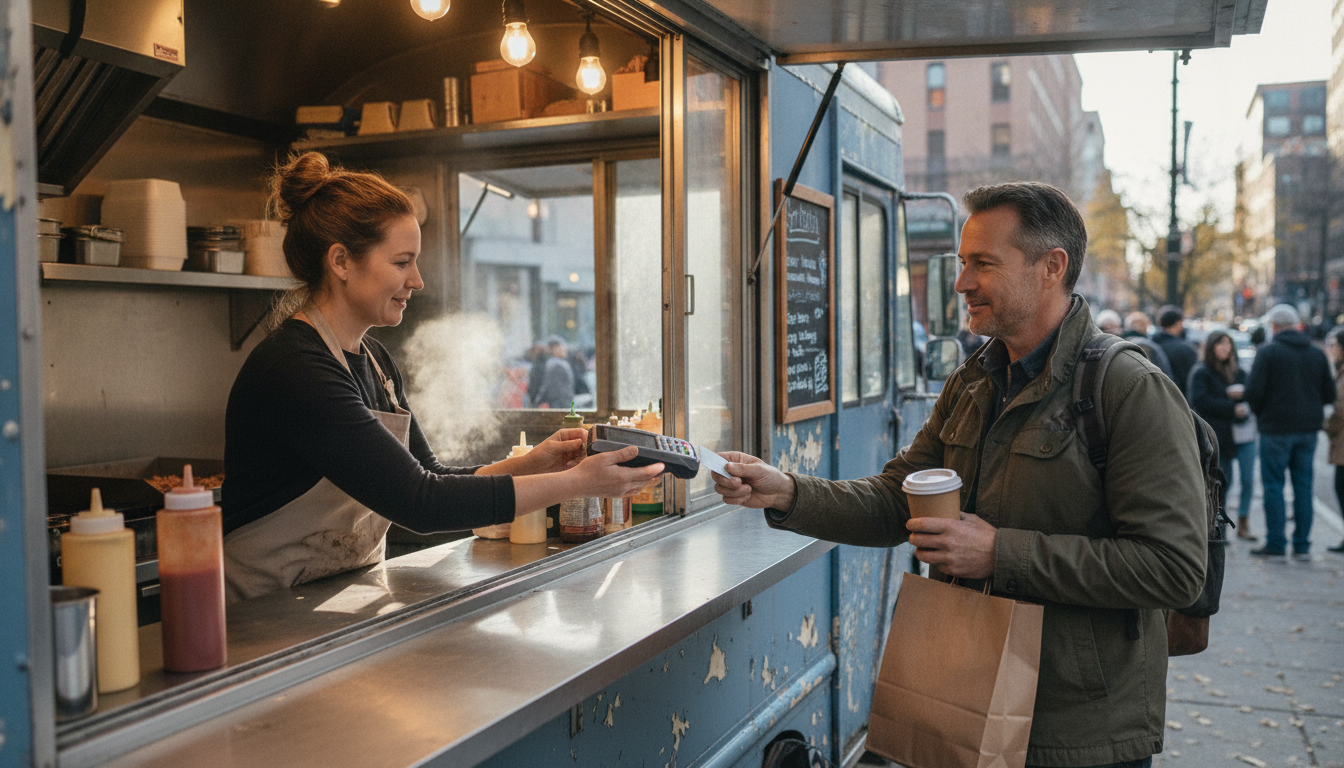 A food truck owner holding a phone and a card reader while a customer waits at the window