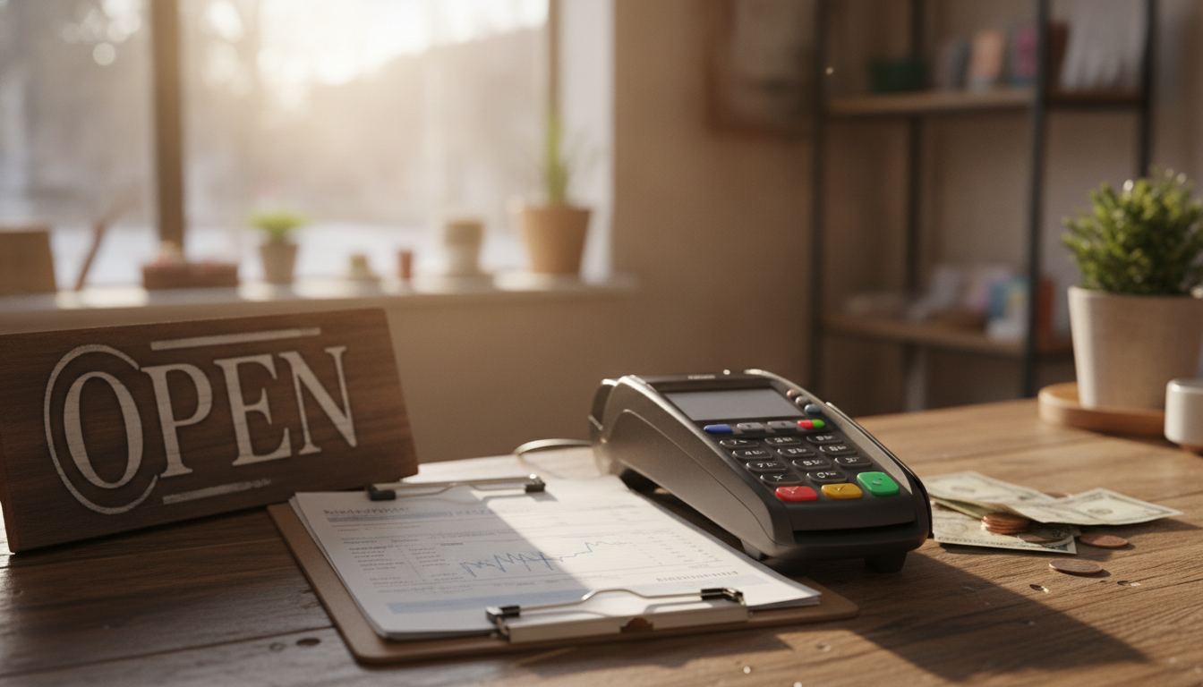 Card terminal beside an open shop sign and banking documents