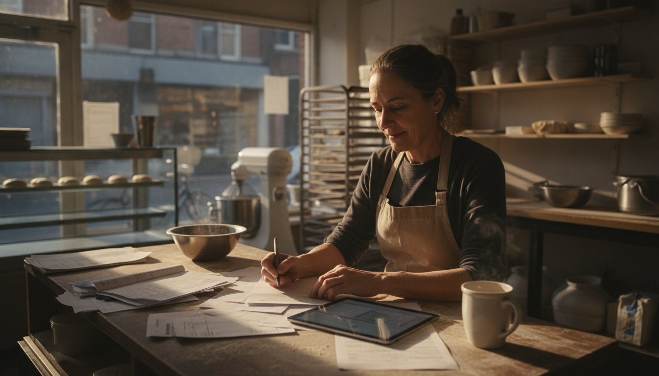A bakery owner in an apron reviewing paperwork on the counter before the shop opens