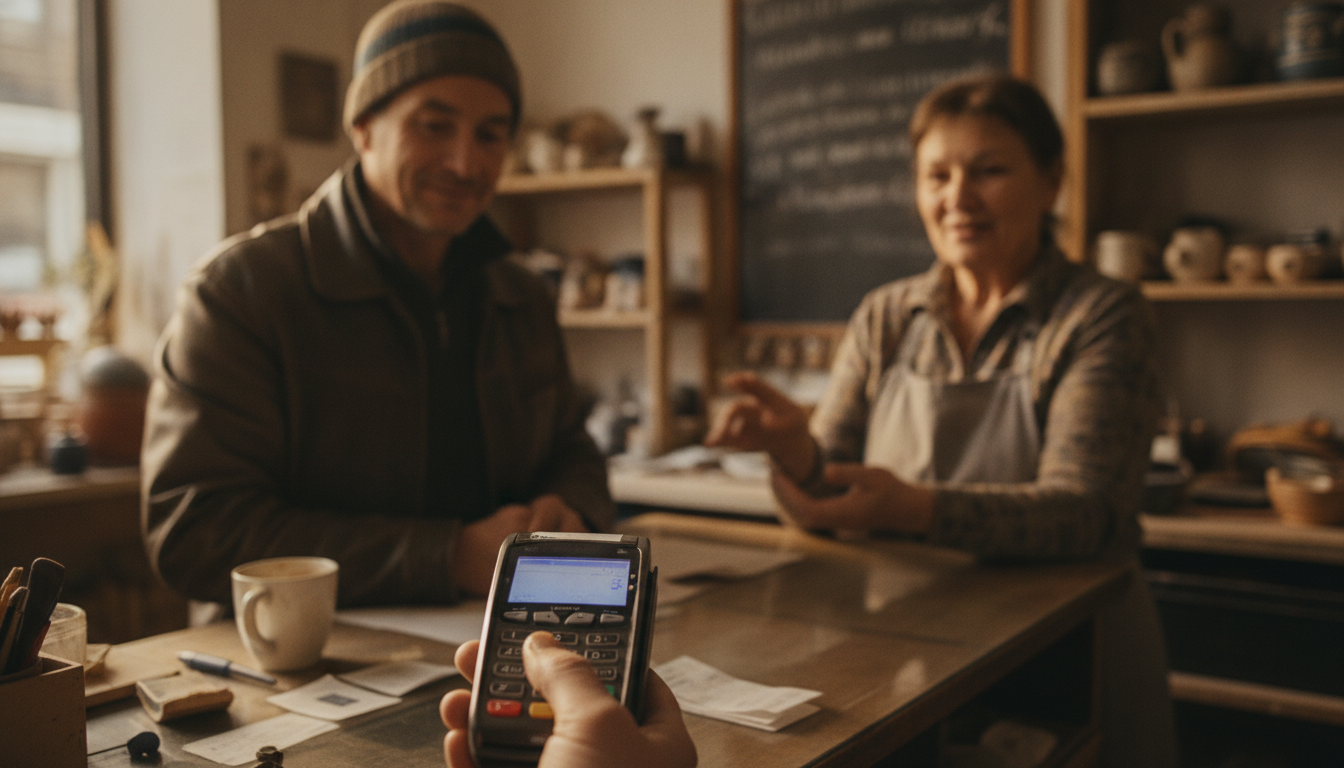 A hardware store owner at the register troubleshooting a card reader with a customer waiting