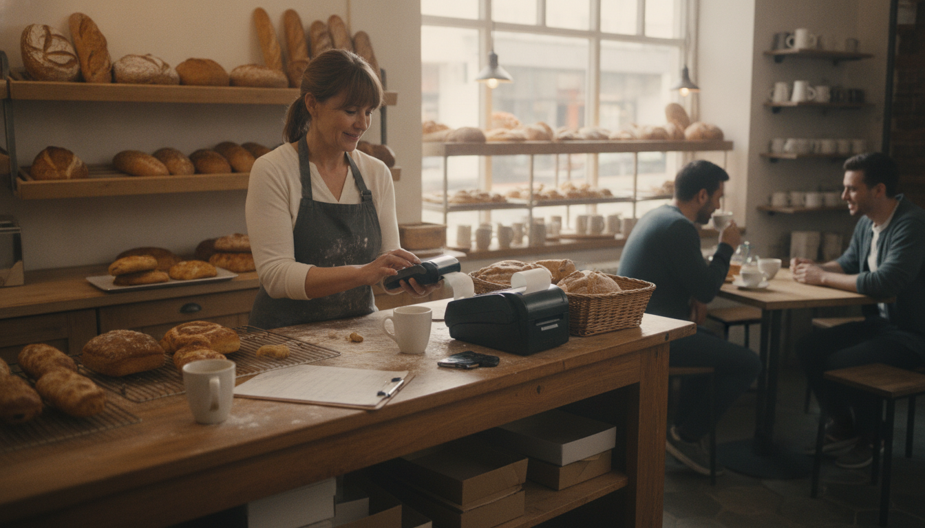 A bakery owner ringing up a customer at a counter with a card reader and receipt printer