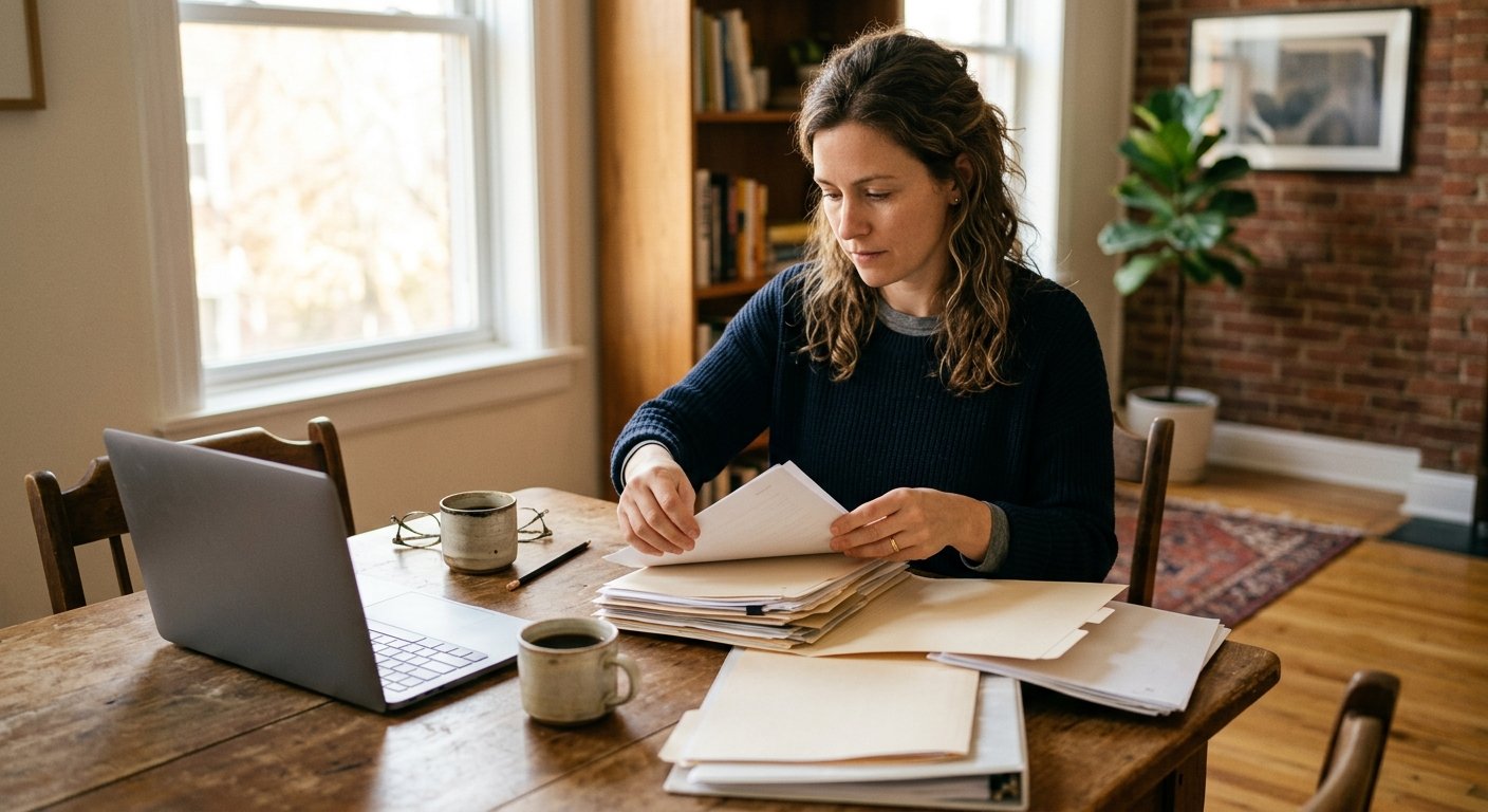 Small-business owner sorting unlabeled paper files at a dining table beside a closed laptop