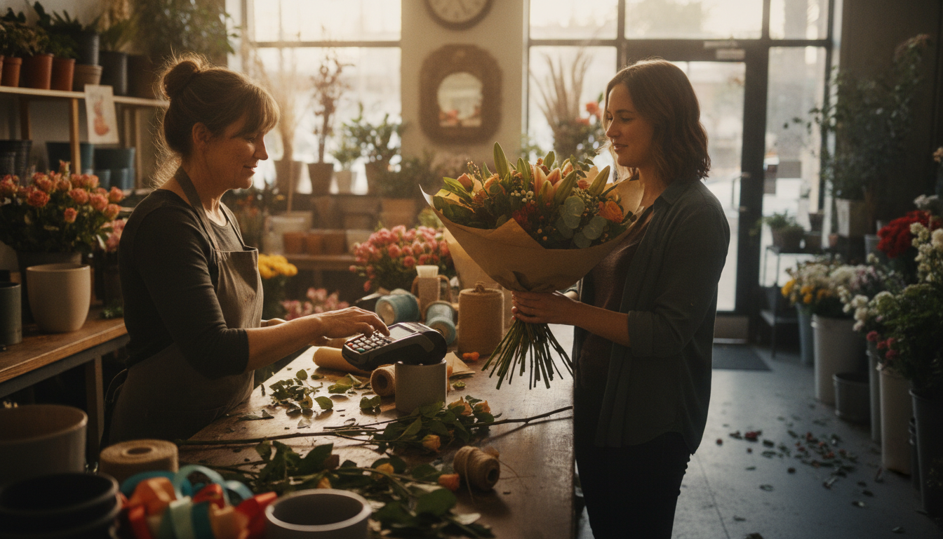 A florist tapping a card reader on the counter while a customer waits with a wrapped bouquet