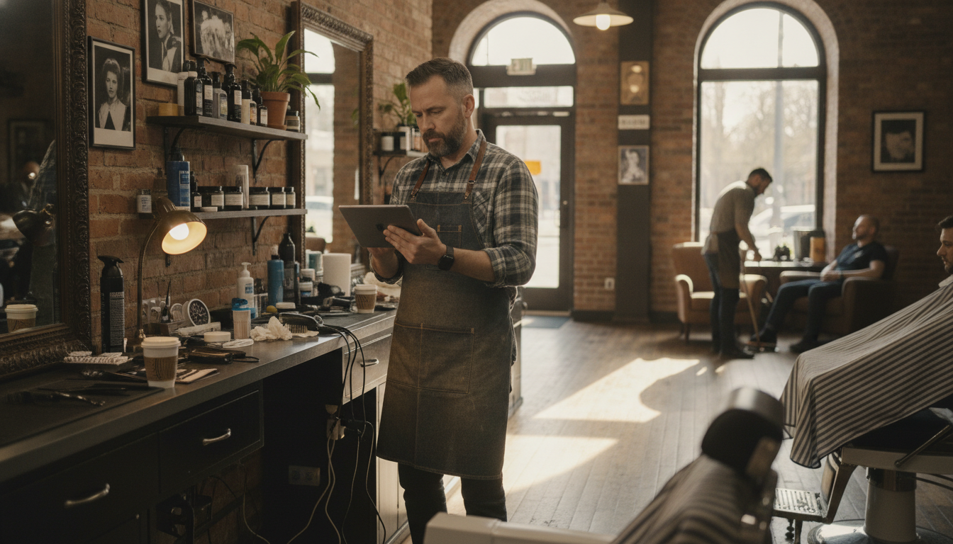 A barber checking a tablet on the back counter of his shop between clients