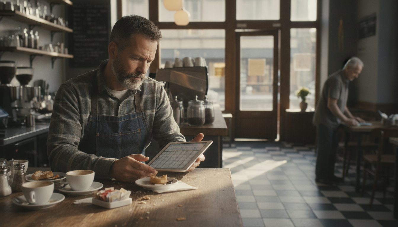 A cafe owner behind the counter reviewing a settlement statement on a tablet during a quiet hour