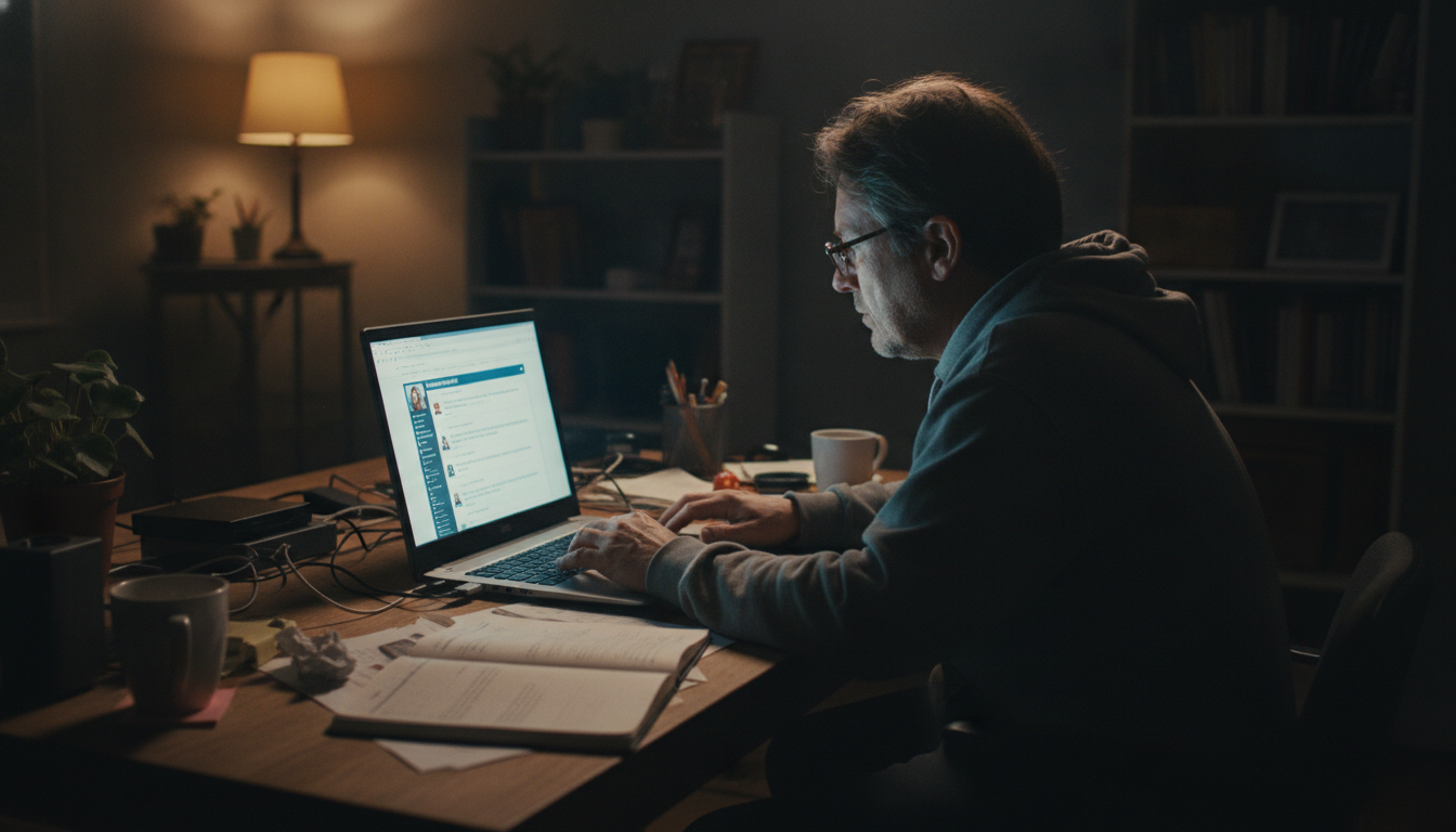 A research supply seller at a cluttered desk with shipping labels stacked beside an open laptop