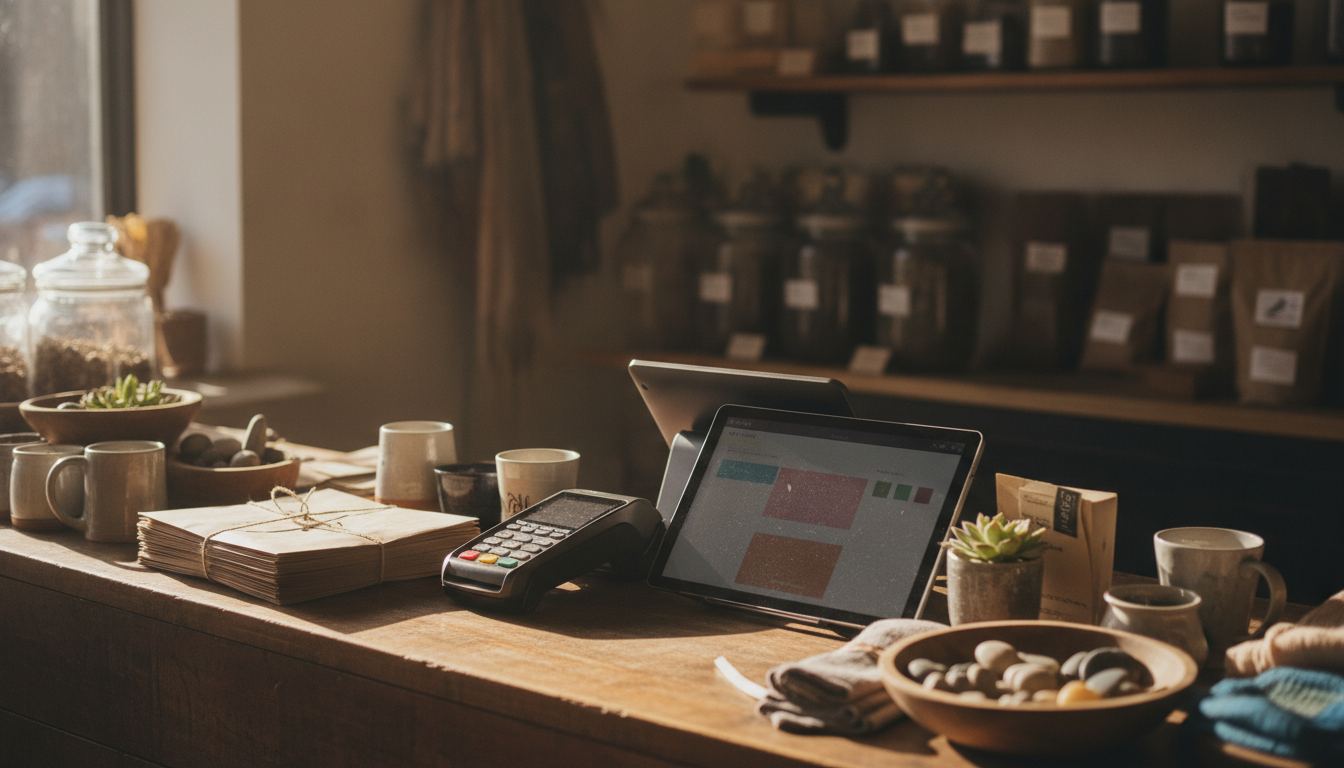 Retail checkout counter with a payment terminal and inventory screen