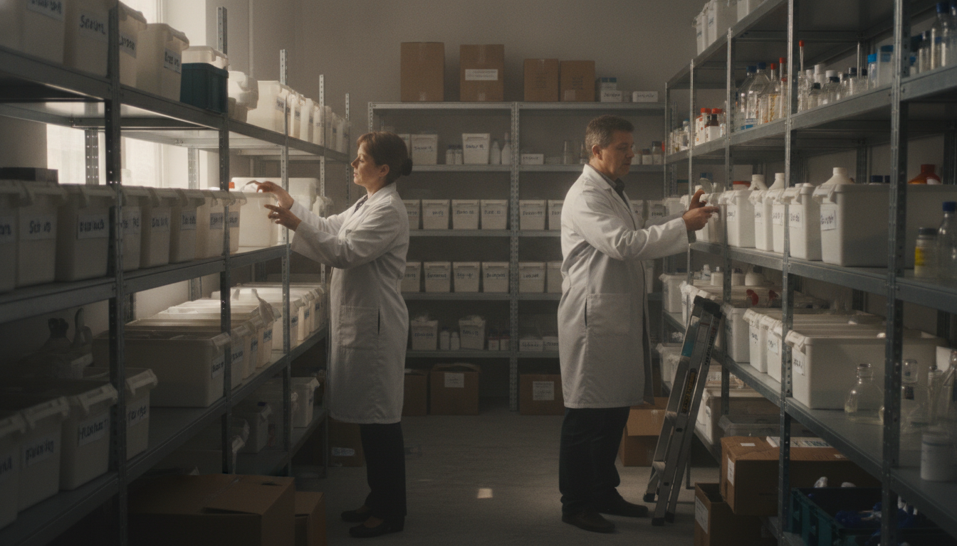 A shop owner reviewing carrier tracking scans on a monitor with packed parcels waiting on the counter